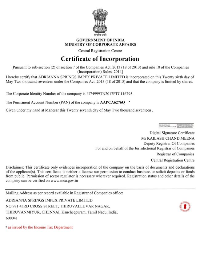 Certificate Of Incorporation